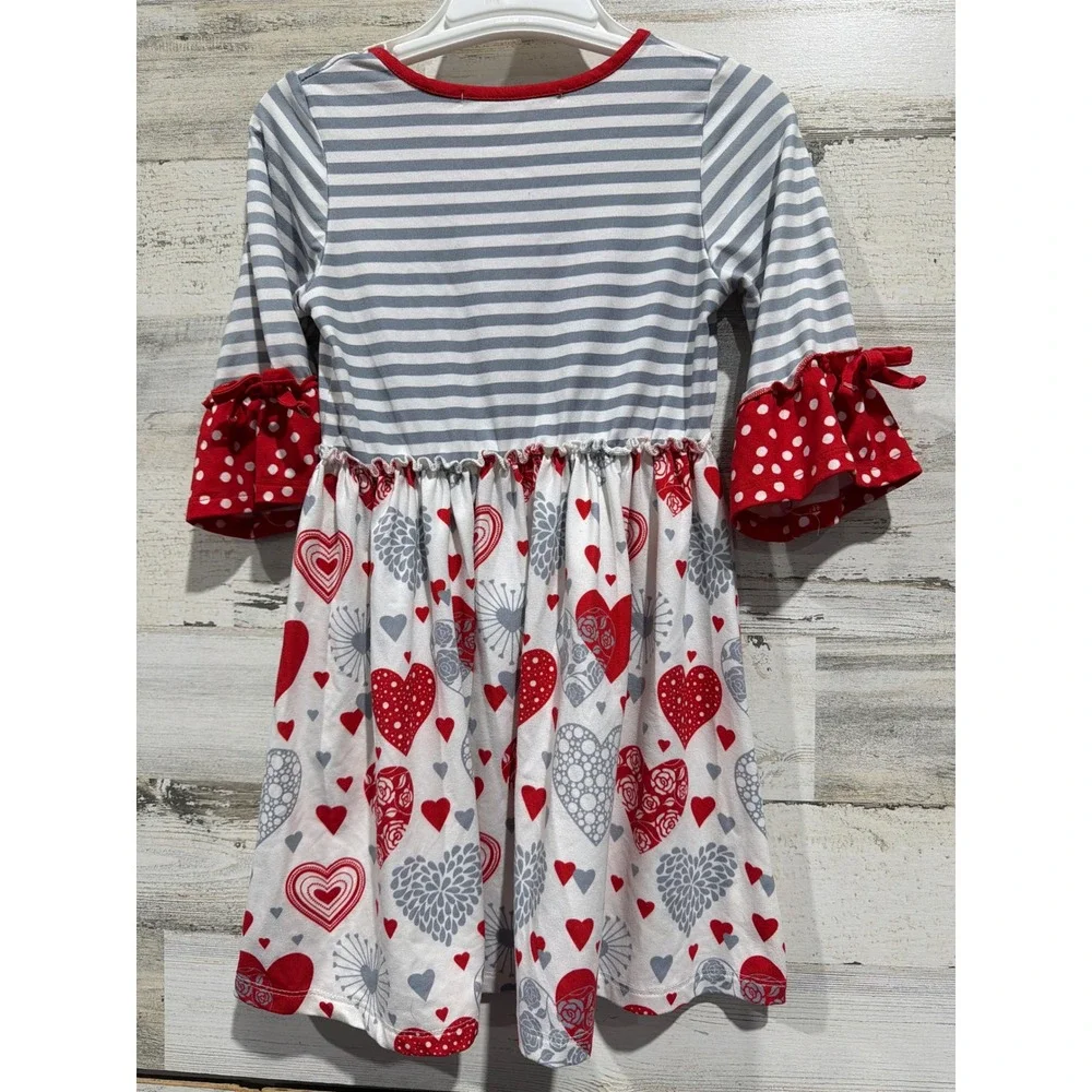 Millie Loves Lily Dress Girls 5 Red Gray Heart Stripe EUC